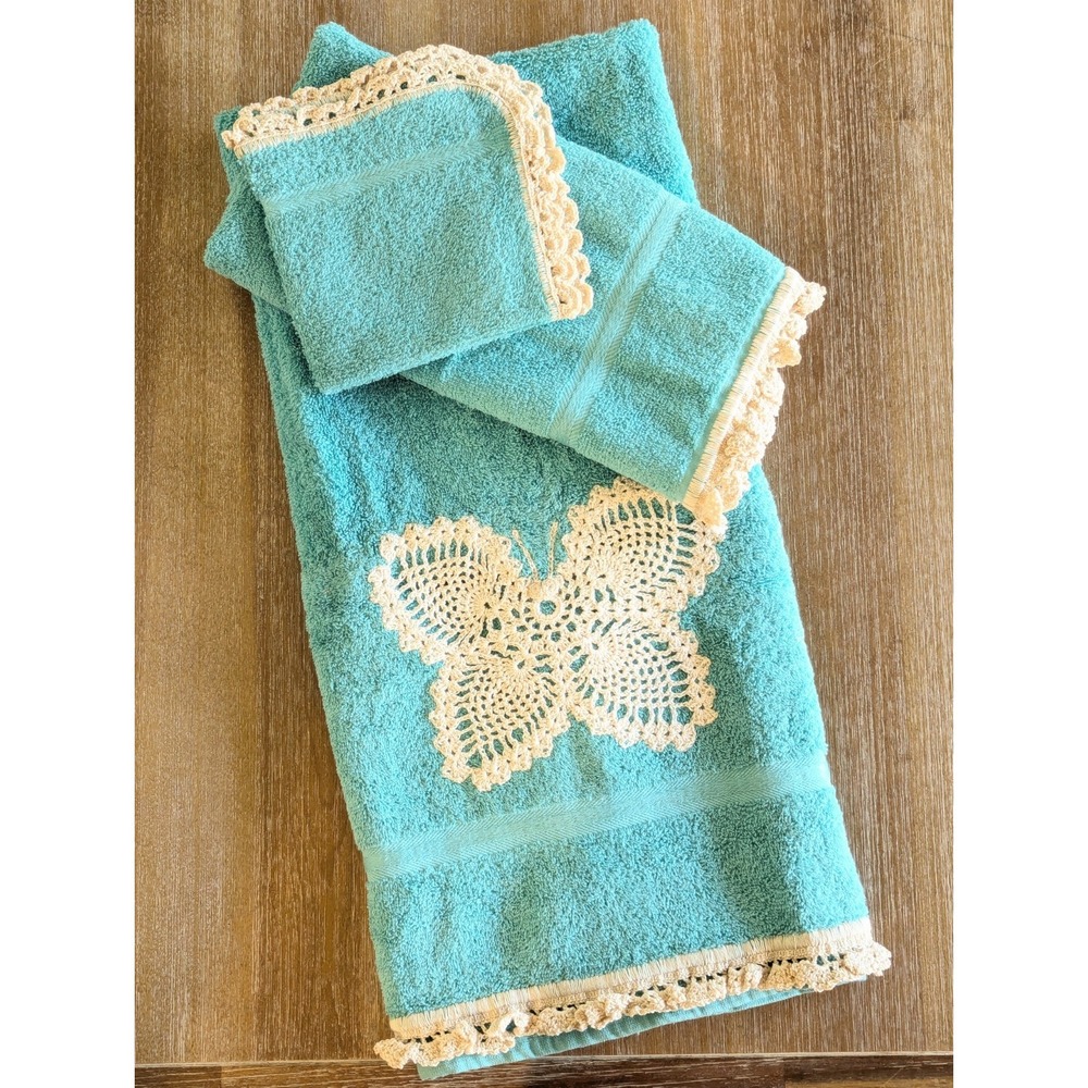 Vtg Bath Towel 3pc Set Crochet Trim Edge Butterfly Turquoise Green-Blue w/Ivory